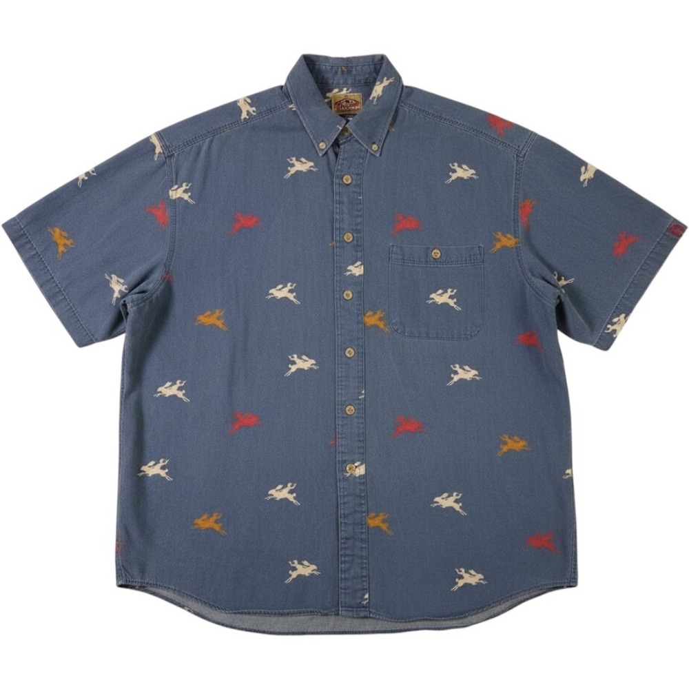 Vintage 90s Barn Fly Shirt Mens Medium Blue Rodeo Rabbits Bunny Short Sleeve
